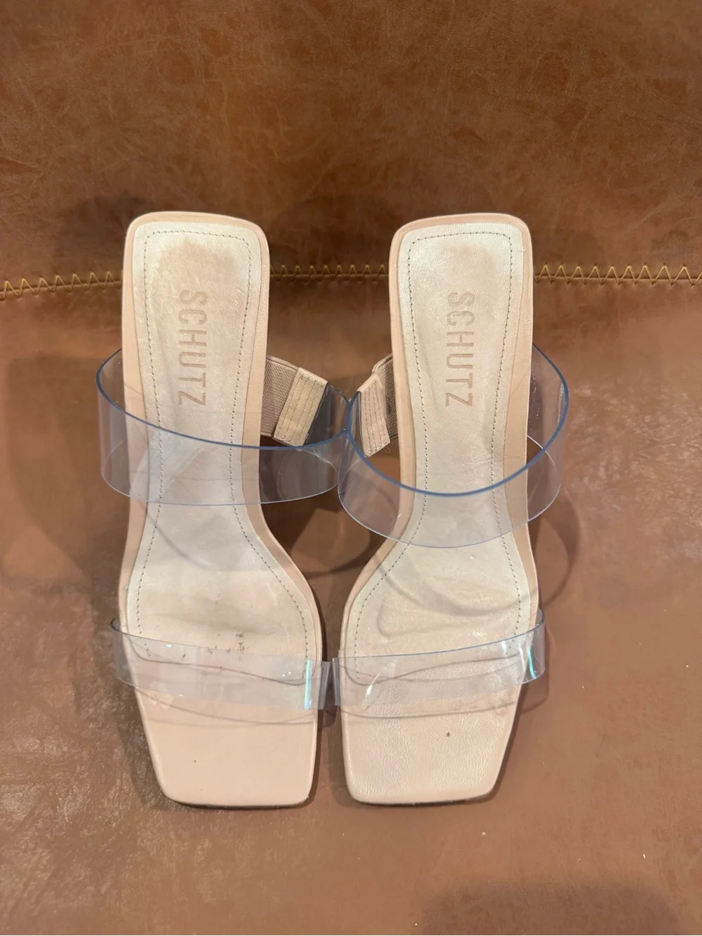 SCHUTZ Nude Clear Strap Rhinestone Block Heel Sandals
